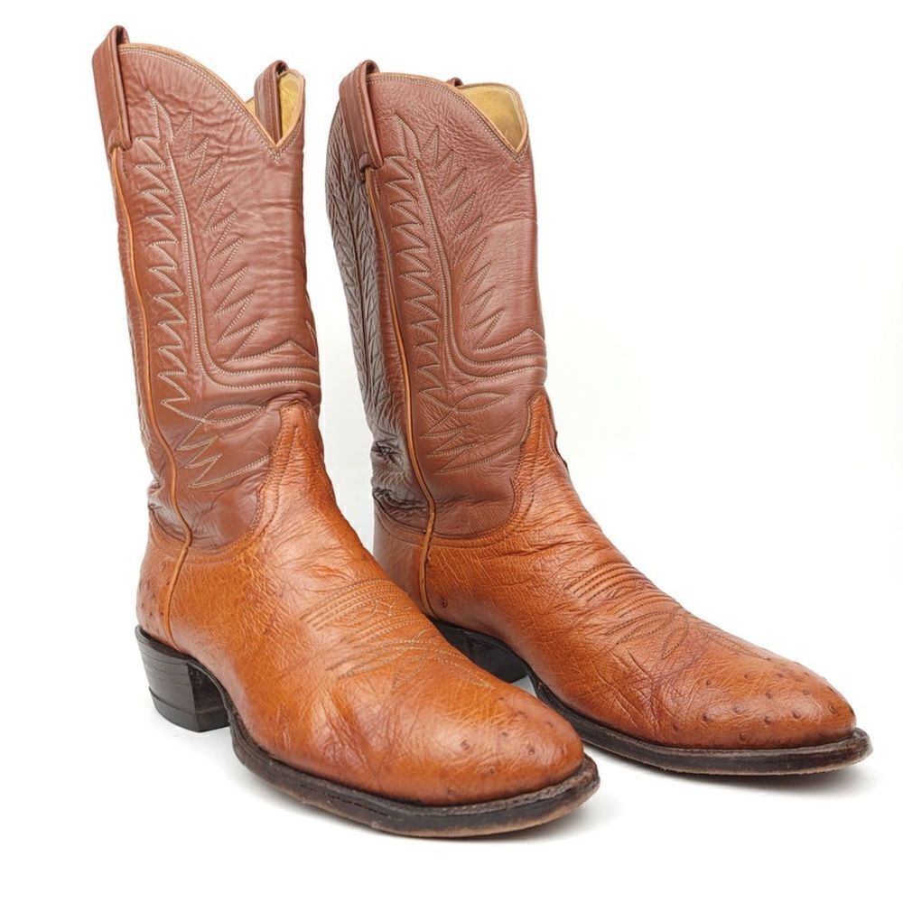 Vintage Tony Lama 8229 Tan Brown Ostrich Boho Western Vaquero Cowbo Boots 8.5